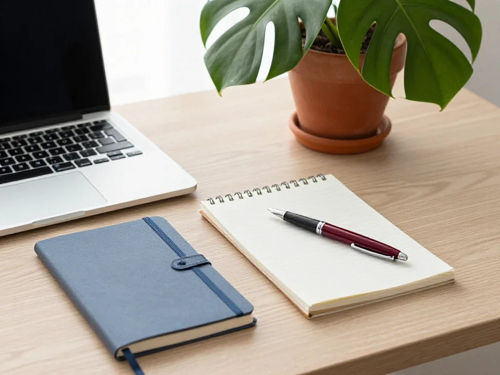 Espace de travail organisé avec ordinateur, carnets de notes et plantes vertes sous lumière naturelle.