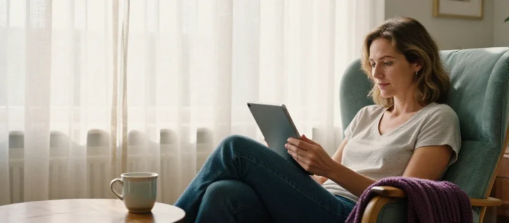 Une femme sereine lisant des conseils bien-être sur sa tablette dans un salon lumineux.