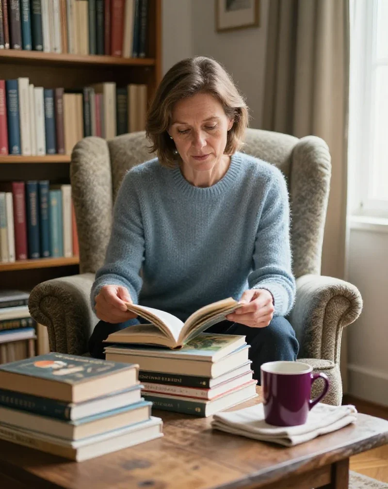 Une femme explore divers sujets de lecture, illustrant la curiosité sans hâte d'un blog généraliste.